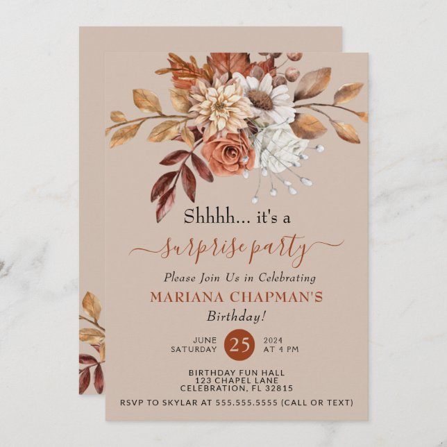Fall Watercolor Floral Taupe Surprise Party Invitation (Front/Back)