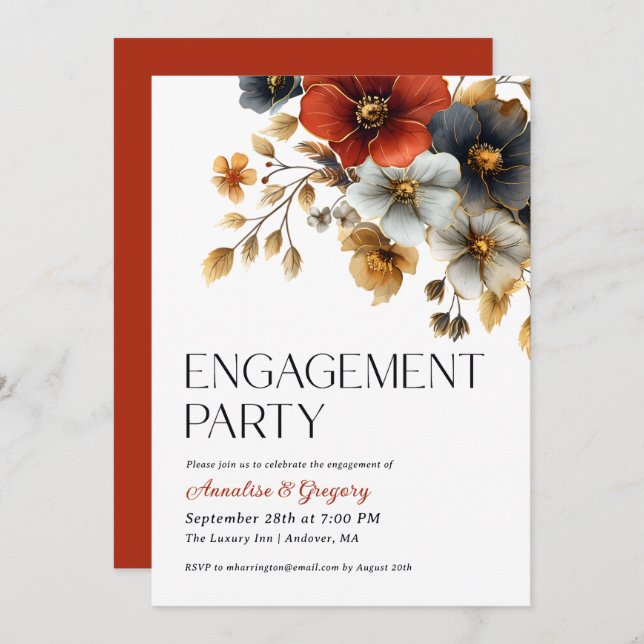 Fall Watercolor Florals Engagement Party Invitation (Front/Back)