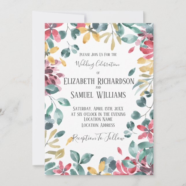 Fall Watercolor Flower Wedding Invitation (Front)