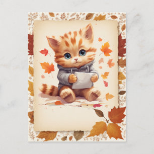 Fall Watercolor Kitten holding a letter - Postcard