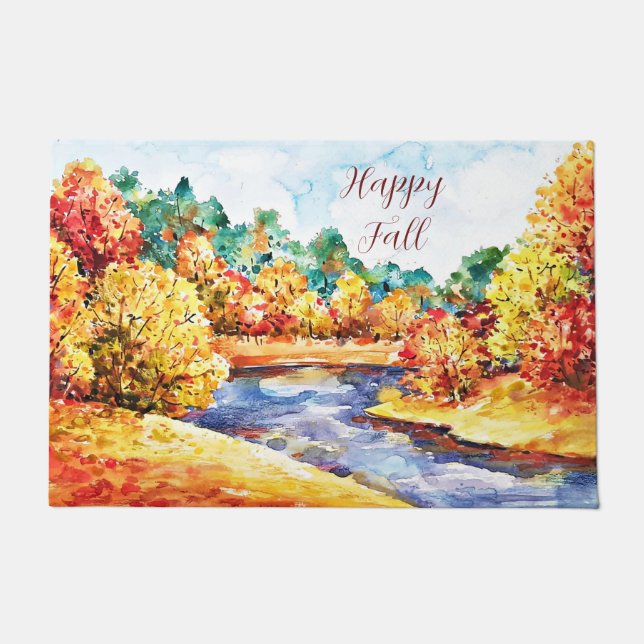 Fall watercolor landscape with customisable text  doormat (Front)