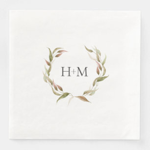 Fall Watercolor Laurel Wreath Monogram Wedding Napkin