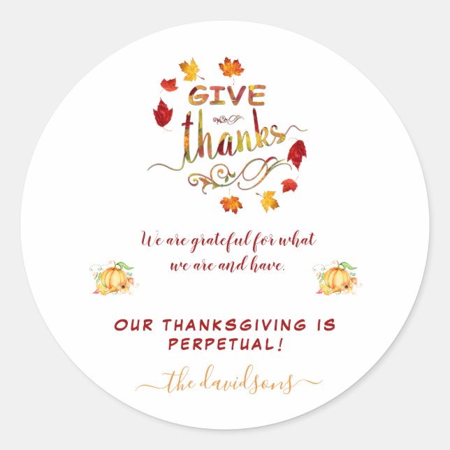 Fall Watercolor Leaves Give Thanks Monogram Classic Round Sticker (Front)