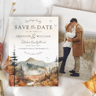 Fall Watercolor Mountain Rustic Photo Wedding Save The Date