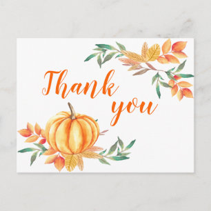 Fall Watercolor Orange Pumpkin Leaves Thank You Postcard