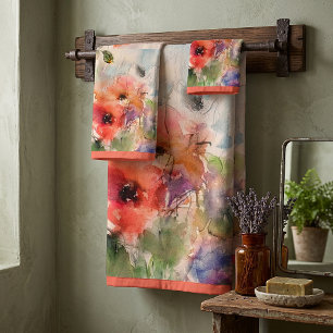 Fall watercolor poppies bath towel set