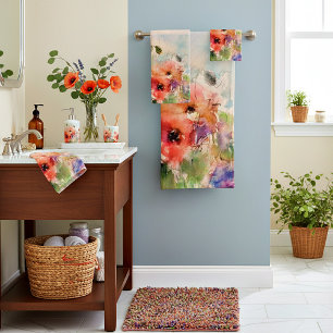 Fall watercolor poppies  bath towel set