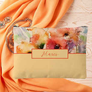 Fall watercolor poppies monogram accessory pouch