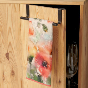 Fall watercolor poppies  tea towel