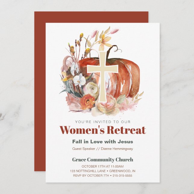 Fall Watercolor Pumpkin & Cross Women's Ministry Invitation (Front/Back)