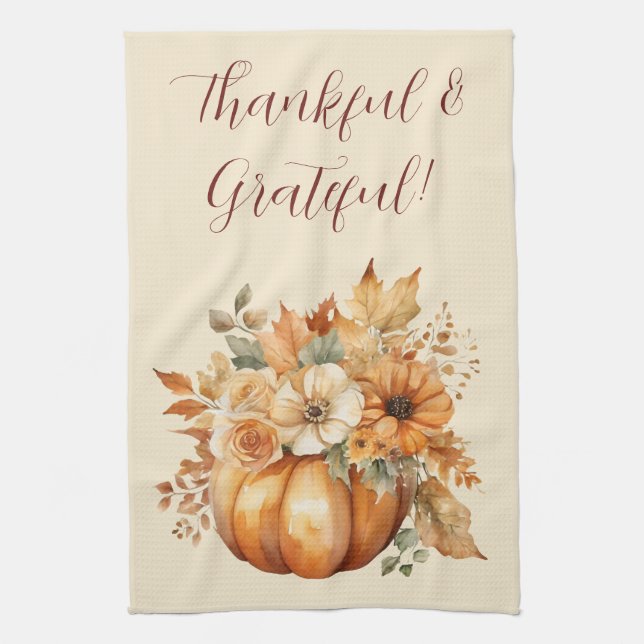 Fall Watercolor Pumpkin Floral Design- Tea Towel (Vertical)