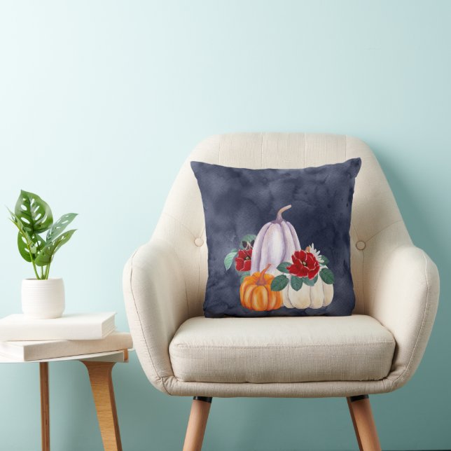 Fall Watercolor Pumpkin  Floral  Throw Pillow (Chair)