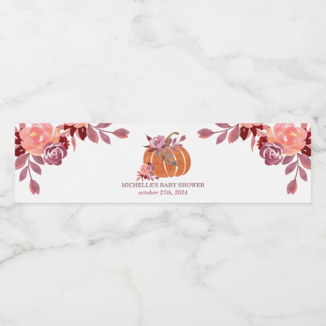 Fall Watercolor Pumpkin Floral Water Bottle Label (Single Label)