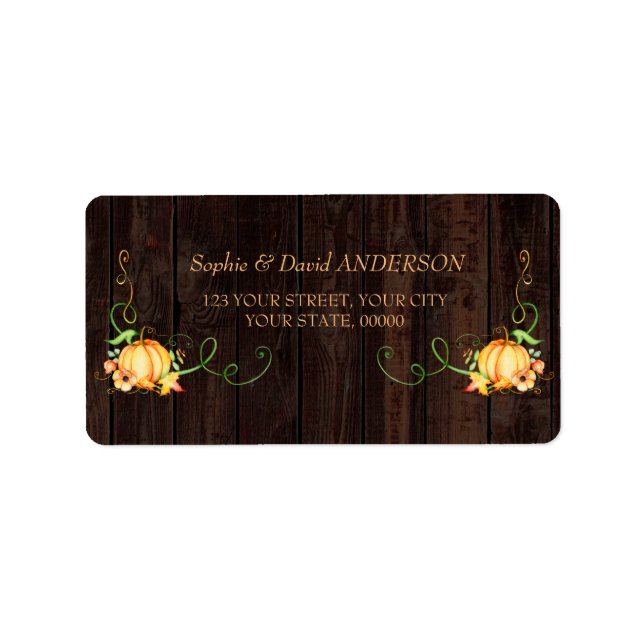 Fall Watercolor Pumpkin Leaves Wood Wedding Label (Front)