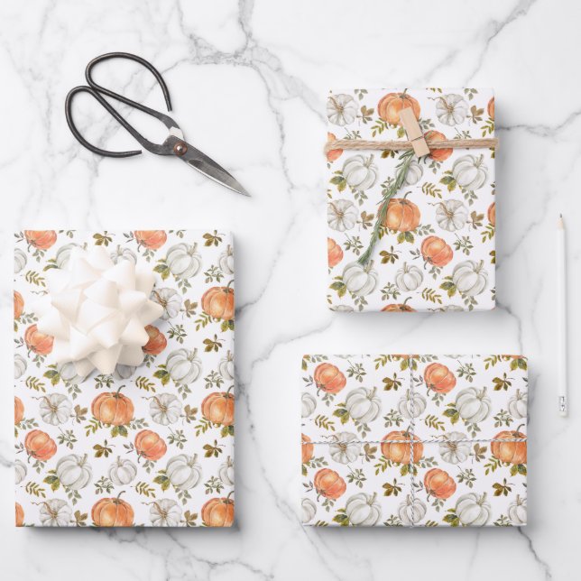Fall Watercolor Pumpkin Pattern Wrapping Paper Sheet (Front)
