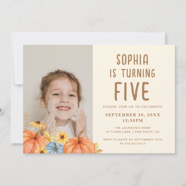  Fall Watercolor Pumpkin Photo Kids Birthday Invitation (Front)