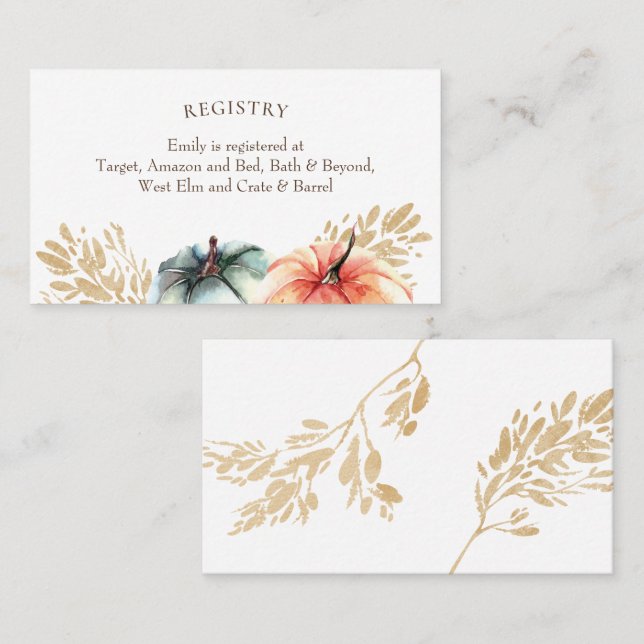Fall Watercolor Pumpkin Wheat Shower Registry Card (Front/Back)