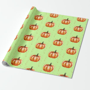 Fall Watercolor Pumpkins Green Wrapping Paper