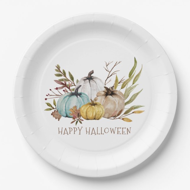 Fall Watercolor Pumpkins Happy Halloween Party Nap Paper Plate (Front)