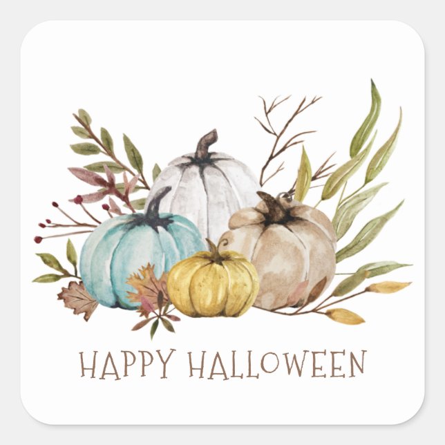 Fall Watercolor Pumpkins Happy Halloween Square Sticker (Front)