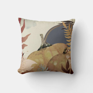 Fall Watercolor Pumpkins & Leaves Navy & Ivory Cushion