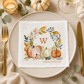  Fall Watercolor Pumpkins Monogram Thanksgiving  Napkin