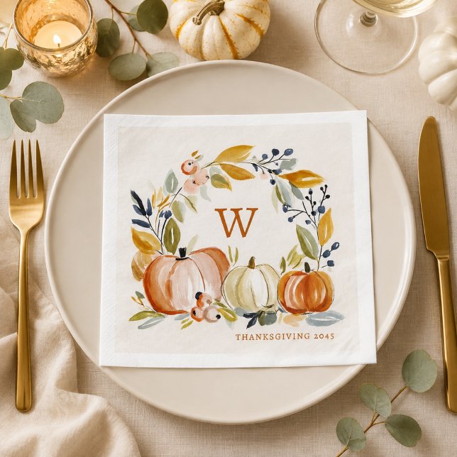  Fall Watercolor Pumpkins Monogram Thanksgiving  Napkin (Creator Uploaded)