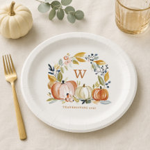 Fall Watercolor Pumpkins Monogram Thanksgiving