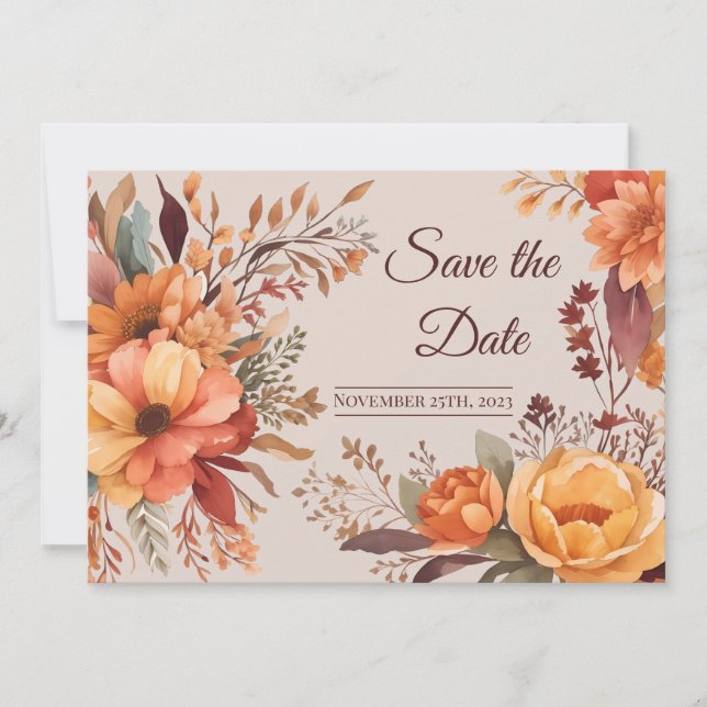 Fall Watercolor Rustic Floral Save the Date Invitation (Front)