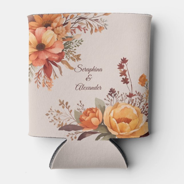 Fall Watercolor Rustic Floral Wedding Can Cooler (Front)
