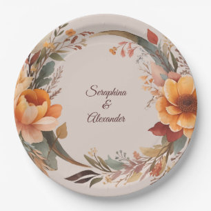 Fall Watercolor Rustic Floral Wedding Paper Plate