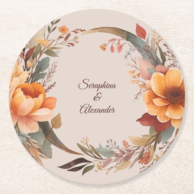 Fall Watercolor Rustic Floral Wedding Round Paper Coaster (Front)