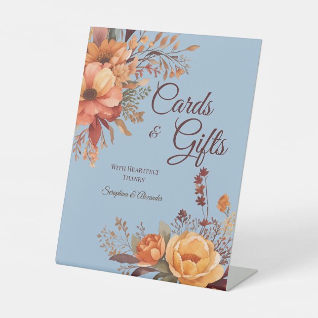 Fall Watercolor Rustic Floral Wedding Tabletop Pedestal Sign (Front)