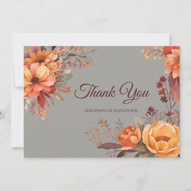 Fall Watercolor Rustic Floral Wedding Thank you  (Front)