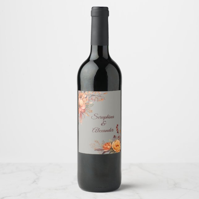 Fall Watercolor Rustic Floral Wedding Wine Label (Front)