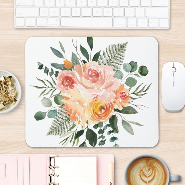 Fall Watercolor Rustic Pink Peach Flower Bouquet  Mouse Pad (In situ office desk)