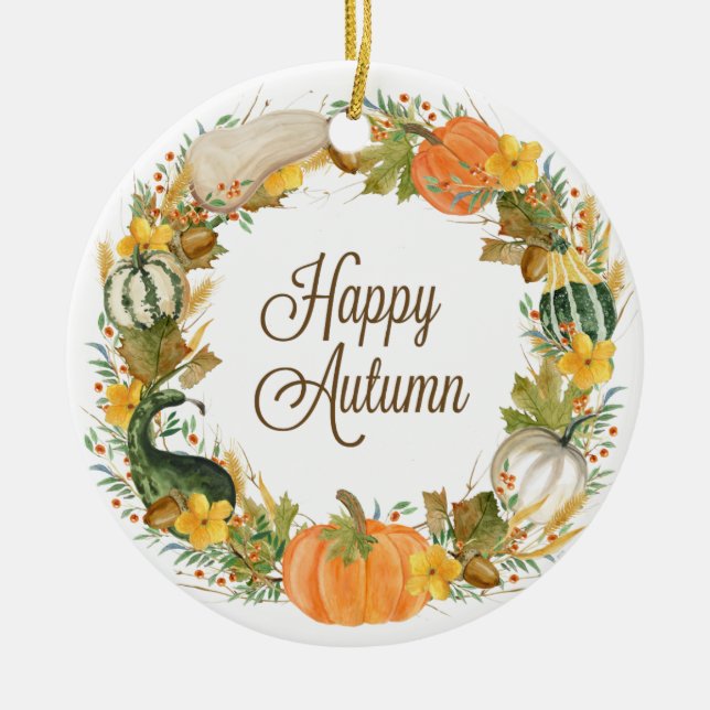 fall watercolor wreath ceramic ornament (Front)