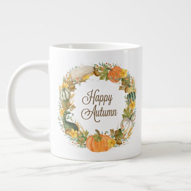 fall watercolor wreath large coffee mug (Left)