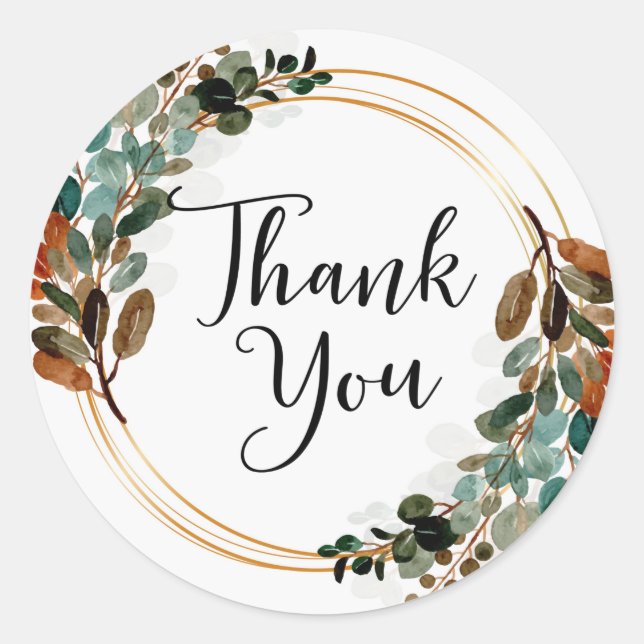 Fall Watercolor Wreath Leaves Thank You Classic Round Sticker (Front)