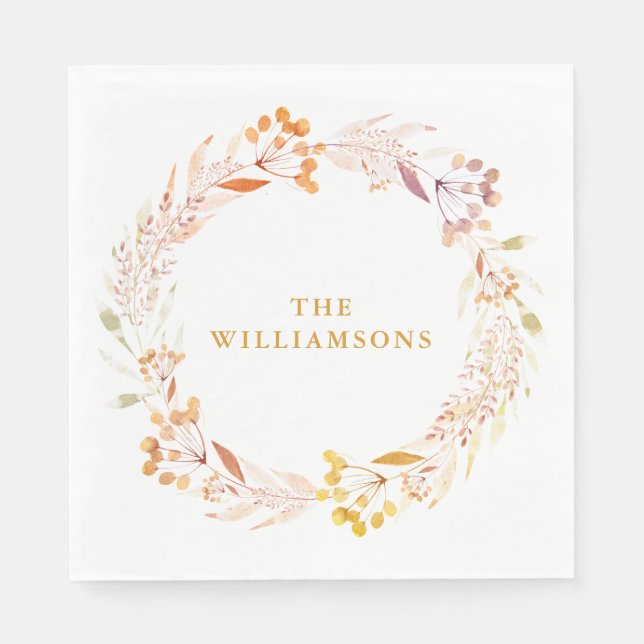 Fall Watercolor Wreath Personalised Family Name Napkin (Front)