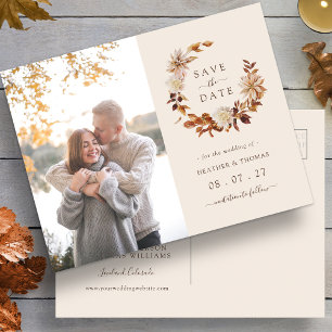 Fall Watercolor Wreath Wedding Photo Save The Date Announcement Postcard