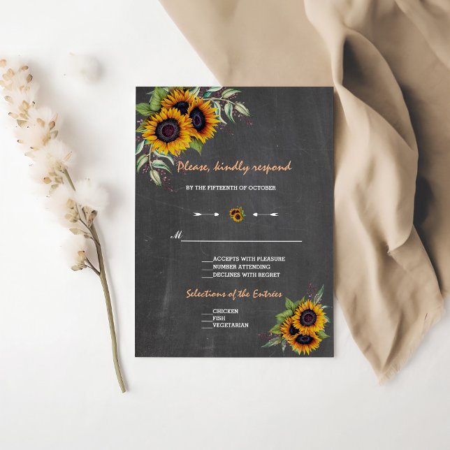 Fall Watercolour Sunflowers Chalkboard Wedding RSVP Card (Creator Uploaded)