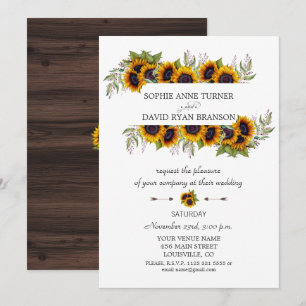 Fall Watercolour Sunflowers Frame Wood Wedding Invitation