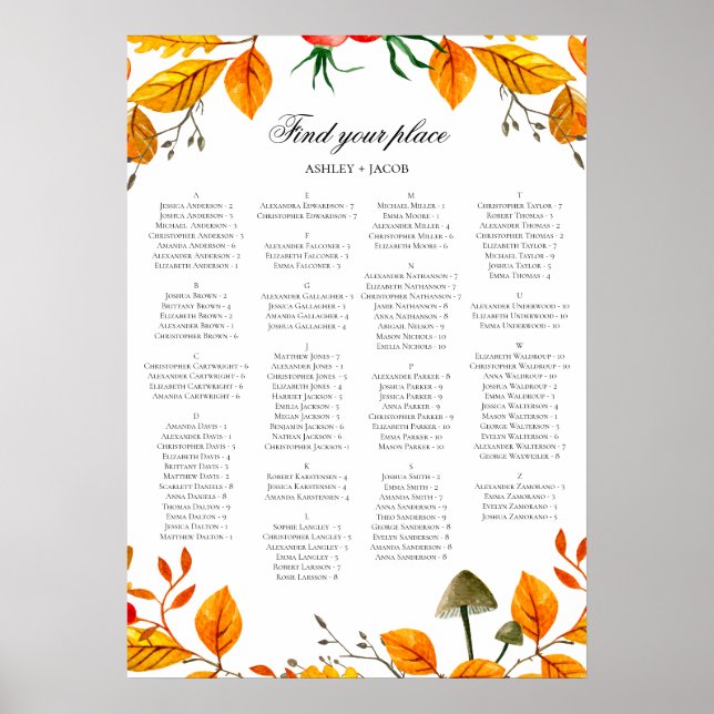 Fall wedding alphabet seating chart. Yellow autumn Poster (Front)