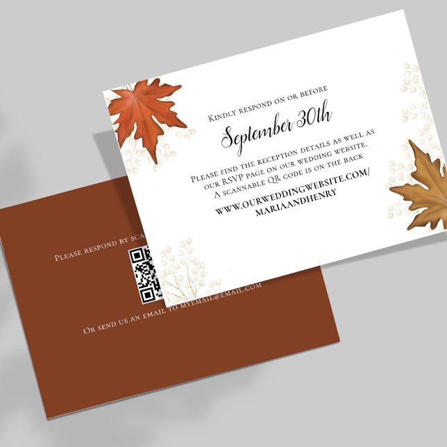 Fall Wedding Autumn Leaves RSVP QR Code (Elegant watercolor fall autumn leaves wedding response card. )