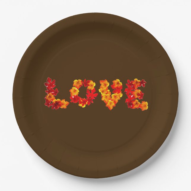 Fall Wedding Autumn Rustic Love Leaves Brown Paper Plate (Front)