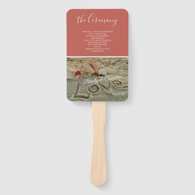 Fall Wedding Beach, Shells love Sand Coral Peach Hand Fan (Front)