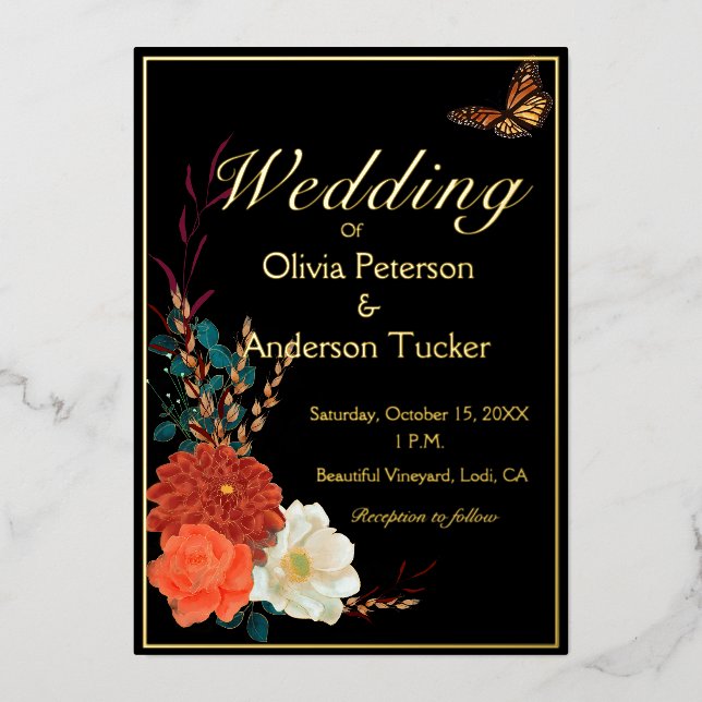 Fall Wedding Black Floral Monarch Butterfly (Front)