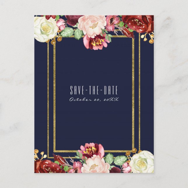 Fall Wedding Blue Gold Floral Marsala Save Date Announcement Postcard (Front)