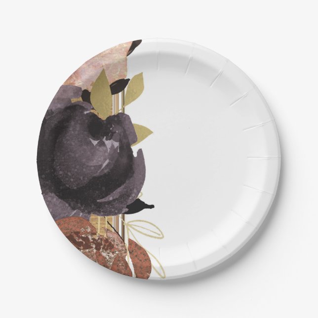 Fall Wedding Bold Glam Flowers Modern Floral Paper Plate (Front)